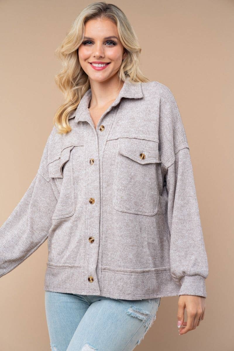 Lightweight Ribbed Knit Button-Down Jacket with Patch Pockets